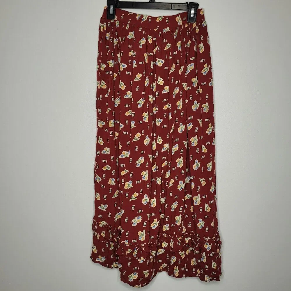 Vintage 90s red boho praire cottagecore maxi pull on tradewife tiered skirt 8